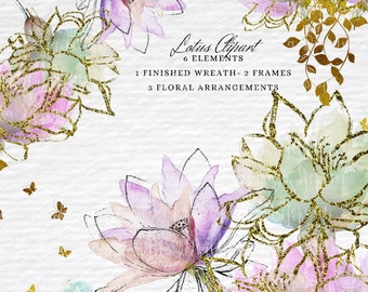 Lotus flowers Clipart  Watercolor & Gold foil  Lotus flower wreaths,Lotus frame,Trendy design Wedding High resolution png Commercial Use