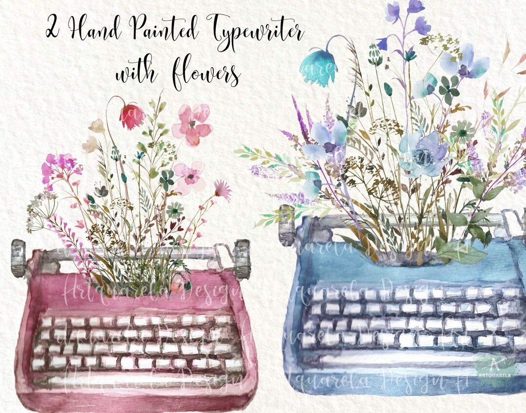 2 Watercolor Retro Typewriters With Wildflowers Clipart PNG Sublimation