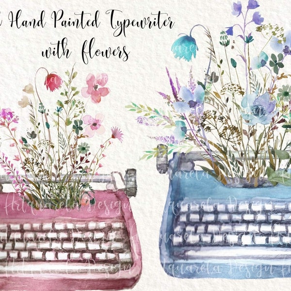 2 Watercolor Retro Typewriters with wildflowers clipart PNG- Sublimation design -DIY- Romantic  Boho floral- Commercial Use-Instant download