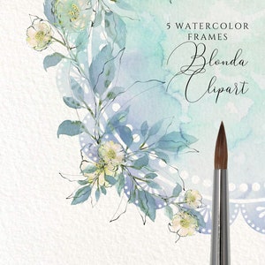 K&ouml;nnte beinhalten: F&uuml;nf Aquarellrahmen mit einem floralen Design. Die Rahmen sind in Blaut&ouml;nen und Gr&uuml;n mit wei&szlig;en Blumen. Der Text "5 Watercolor Frames Blonda Clipart" befindet sich in der oberen rechten Ecke des Bildes.