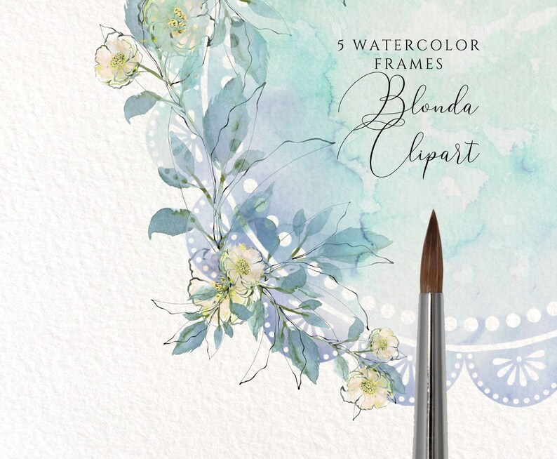 K&ouml;nnte beinhalten: F&uuml;nf Aquarellrahmen mit einem floralen Design. Die Rahmen sind in Blaut&ouml;nen und Gr&uuml;n mit wei&szlig;en Blumen. Der Text "5 Watercolor Frames Blonda Clipart" befindet sich in der oberen rechten Ecke des Bildes.