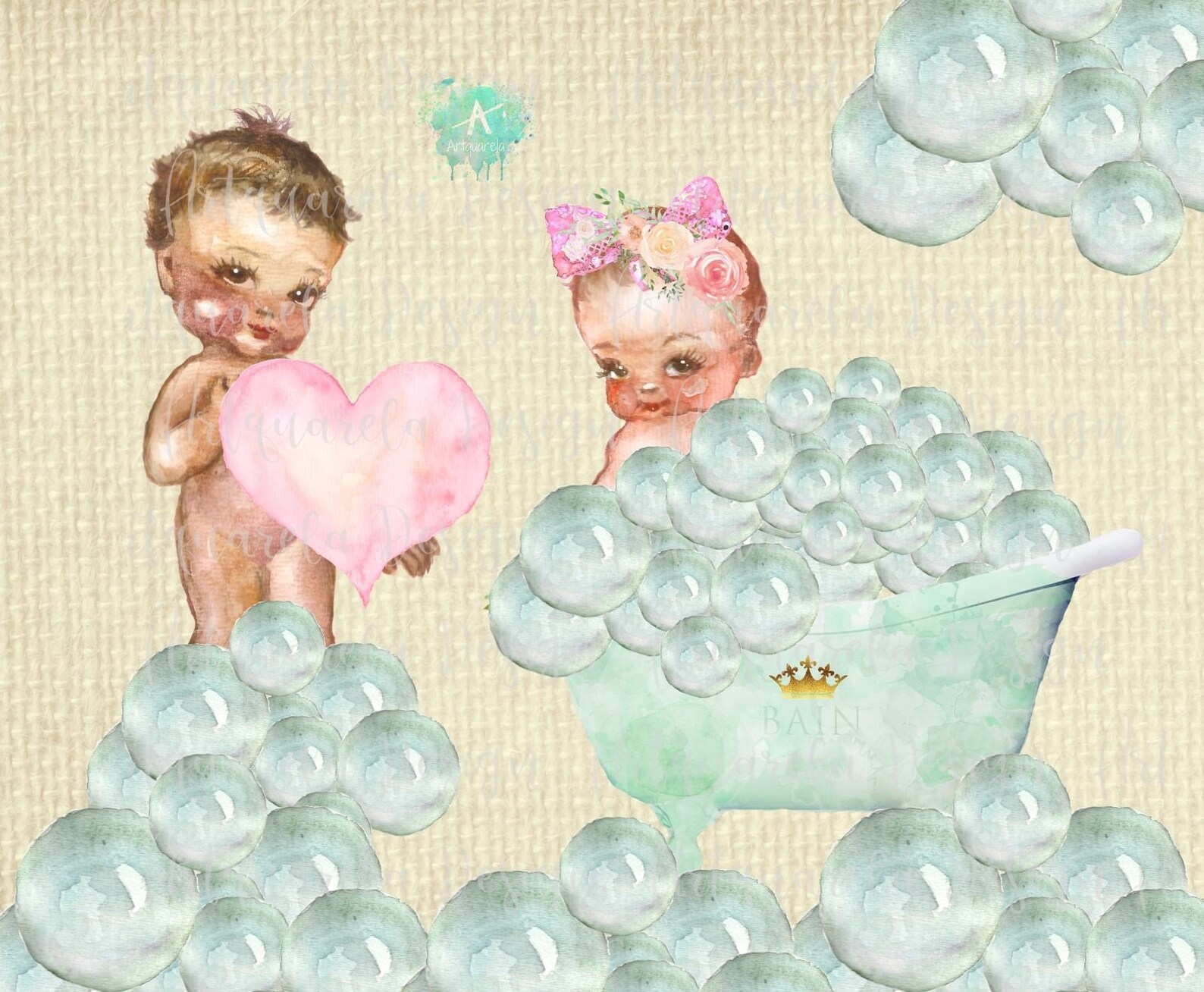 Baby Bubble Bath Clip Art Watercolor Baby Invitation Baby Etsy