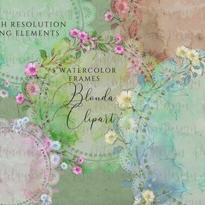 K&ouml;nnte beinhalten: F&uuml;nf Aquarellrahmen mit floralen Designs. Die Rahmen sind in Rosa-, Blau- und Gr&uuml;nt&ouml;nen gehalten. Der Text "5 Aquarellrahmen" und "Blonda Clipart" ist im Bild sichtbar.