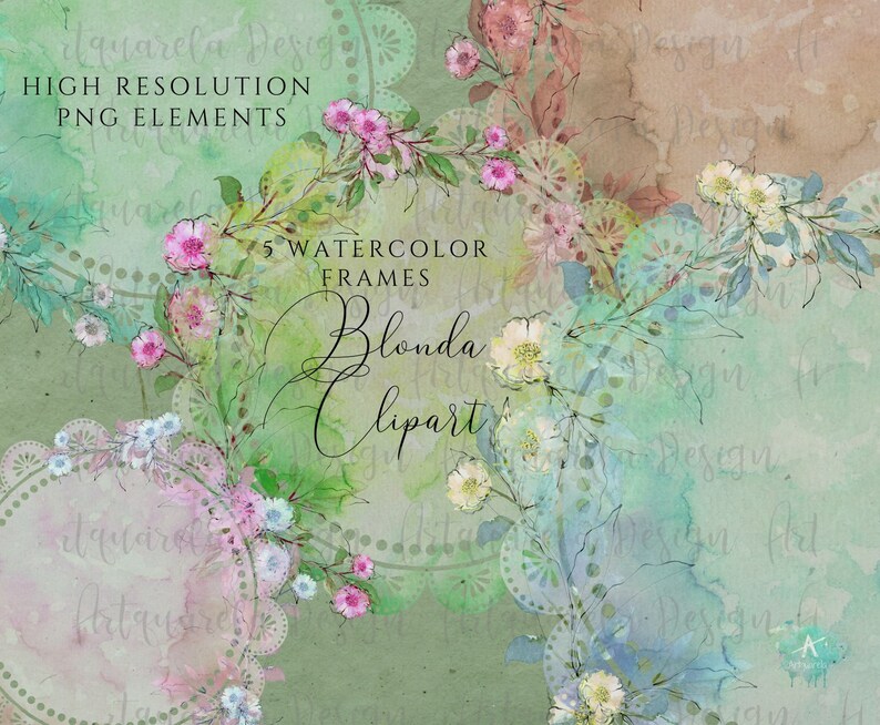 K&ouml;nnte beinhalten: F&uuml;nf Aquarellrahmen mit floralen Designs. Die Rahmen sind in Rosa-, Blau- und Gr&uuml;nt&ouml;nen gehalten. Der Text "5 Aquarellrahmen" und "Blonda Clipart" ist im Bild sichtbar.