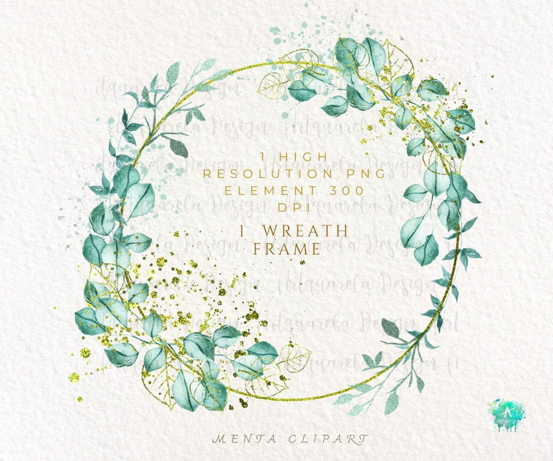 Watercolor Eucalyptus Wreath Clipart, Gold Foil Frame (PNG Digital ...