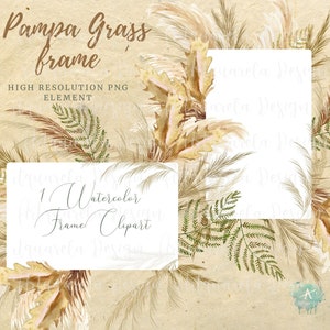 Puede incluir: Una ilustración de acuarela de un marco hecho de hierba de la pampa, helechos y hojas secas. El marco es blanco y tiene el texto "1 Watercolor Frame Clipart" escrito en él.
