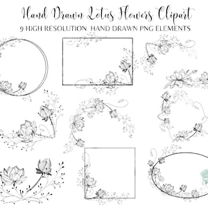 Handgetekende Fine Line Art lotusbloemen Clip Art minimalistisch zwart frame logo krans rand arrangementen bruiloft PNG sublimatie T-shirt