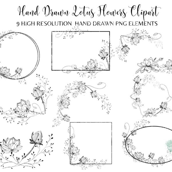 Hand Drawn Fine Line Art Lotus flowers Clip Art Minimalist Black frame Logo Wreath border Arrangements Wedding PNG  Sublimation T-shirt