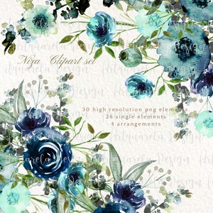 Watercolor Floral Clipart Set, Turquoise Blue Flowers, Greenery Wreaths (Instant Download)