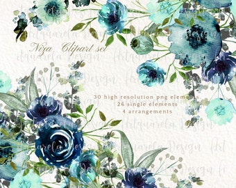 Hand Painted Watercolor floral Clipart Set,Blue,turquoise Flowers arrangements bouquet,greenery wreaths,Wedding Iinvitation Instant Download