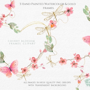 Aquarell Kirschblüte Floral vorgefertigte Rahmen CLIPART, Gold Herz PNG, Libellen, Schmetterling Kränze Hohe Auflösung png Kommerzielle Nutzung