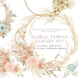 Coronas de flores y pasto de la pampa, marcos de imágenes prediseñadas, coronas de hojas secas bohemias pintadas a mano, descarga instantánea por sublimación