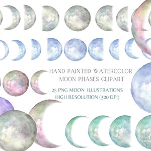 Watercolor Moon Phases Clipart: Hand-Painted PNG Illustrations (Instant Download)
