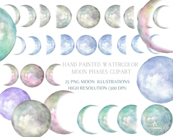 Watercolor Moon Phases Clipart: Hand-Painted PNG Illustrations (Instant Download)
