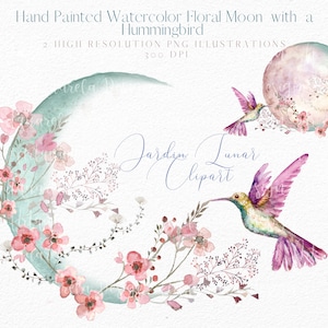 Luna floreale con un colibrì clipart-Luna acquerello-Fiore di ciliegio-Fasi lunari PNG fai da te Sublimazione-Primavera Clipart Uso commerciale