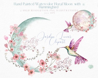 Watercolor Floral Moon Clipart: Hummingbird, Cherry Blossom (PNG Digital Download)