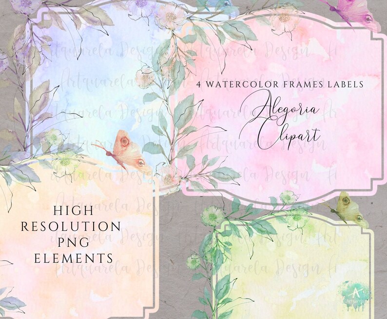 K&ouml;nnte beinhalten: Vier Aquarellrahmen mit floralen Designs. Die Rahmen sind in Rosa-, Gelb- und Blaut&ouml;nen gehalten. Der Text "4 Aquarellrahmen Etiketten" und "Allegoria Clipart" ist auf dem Bild sichtbar. Der Text "Hochaufl&ouml;sende PNG-Elemente" ist ebenfalls auf dem Bild sichtbar.