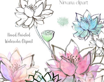 Watercolor Lotus Flowers Clipart, Hand-Painted Floral PNG (Digital Download)