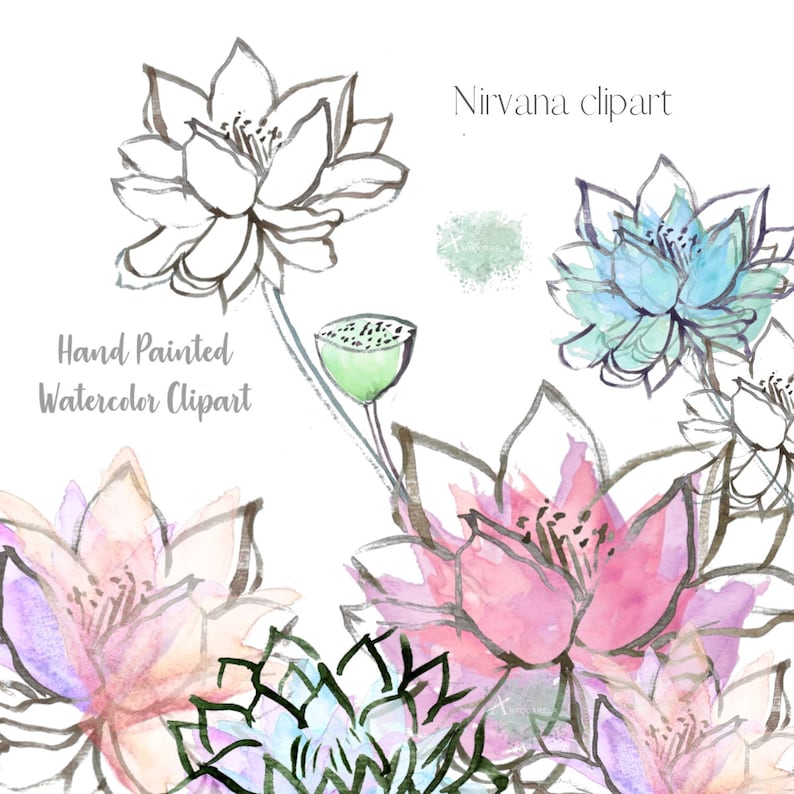 May include: Watercolor clipart featuring a collection of lotus flowers in various shades of pink, blue, and green. The flowers are hand-painted and have a delicate, ethereal quality. The text "Nirvana clipart" and "Hand Painted Watercolor Clipart" is included in the image.