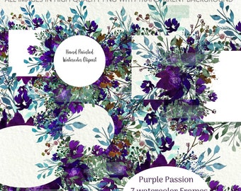 Watercolor Frames  Clipart,Hand Painted  Purple flowers  clip art  Elegant frames ,flowers borders,Sublimation  For Commercial Use
