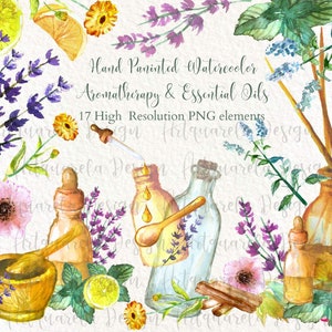 Spa, fles aquarel etherische oliën clipart diffuser, aromatische kruiden lavendel, munt, vanille, bloemen natuurlijke geuren png commercieel gebruik