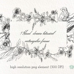 Hand Drawn Botanical Frame Clipart-Wild Flowers Frame Invite- Rectangular Square frame- Black and White Line border PNG-Commercial Use
