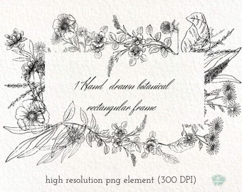 Könnte beinhalten: Schwarzweiß- botanische Illustration eines rechteckigen Rahmens mit Blumen und Blättern. Der Text "1 Hand drawn botanical rectangular frame" und "high resolution png element (300 DPI)" ist im Bild enthalten.