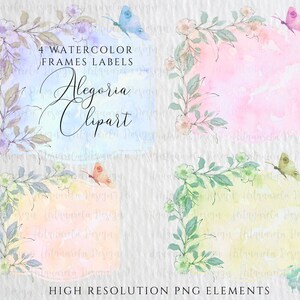 K&ouml;nnte beinhalten: Vier Aquarellrahmen mit floralen R&auml;ndern und Schmetterlingen. Die Rahmen sind in Blaut&ouml;nen, Rosa, Gelb und Gr&uuml;n gehalten. Der Text "4 Watercolor Frames Labels Alegoria Clipart" ist oben im Bild in Kursivschrift geschrieben. Der Text "High Resolution PNG Elements" steht unten im Bild.