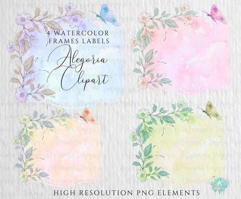 K&ouml;nnte beinhalten: Vier Aquarellrahmen mit floralen R&auml;ndern und Schmetterlingen. Die Rahmen sind in Blaut&ouml;nen, Rosa, Gelb und Gr&uuml;n gehalten. Der Text "4 Watercolor Frames Labels Alegoria Clipart" ist oben im Bild in Kursivschrift geschrieben. Der Text "High Resolution PNG Elements" steht unten im Bild.