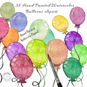 Set di clip art di palloncini dipinti a mano ad acquerello - Clip art di palloncini di compleanno - Palloncini colorati - PNG ad alta risoluzione per uso commerciale