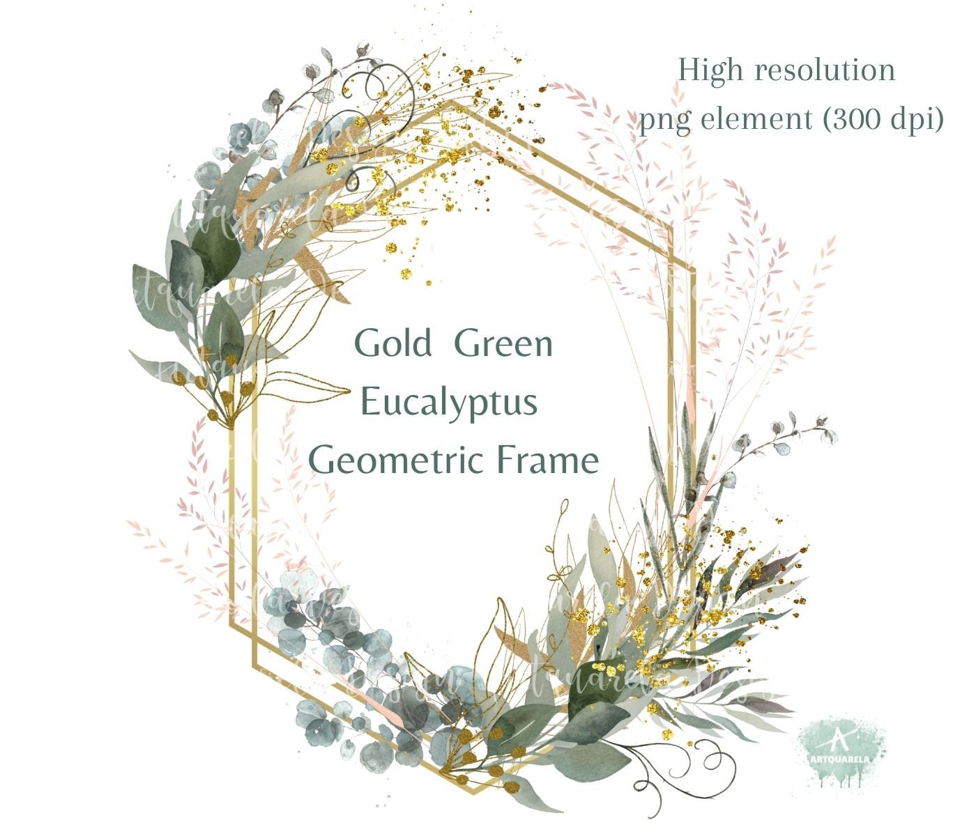 Eucalyptus Frame Clipart Watercolor & Gold Geometric Frame - Etsy UK