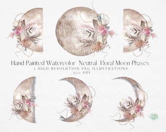 Watercolor Floral Moon Phases Clipart: Neutral Boho PNG (Digital Download)