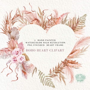 Fleurs roses cendrées feuilles séchées & Pampa Clipart, coeur bohème aquarelle PNG Clip Art, fleurs neutres sauvages de la Saint-Valentin cadre tout usage Commercial