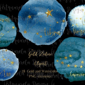 Gouden sterrenbeelden clipart, aquarel sterrenbeelden PNG, blauwe dierenriem, planeten, hemelse illustraties, astrologische symbolen png, astronomie, gouden sterren