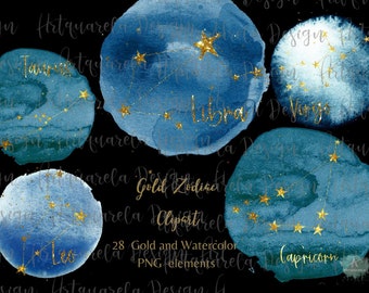 Gold Zodiac Clipart: Watercolor Constellations PNG (Digital Download)