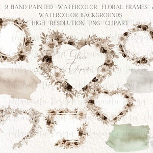 Conjunto de molduras florais em aquarela Clipart, Flores marrons, Coroas neutras clipart DIY, Coração floral bege, Sublimação de casamento Uso comercial
