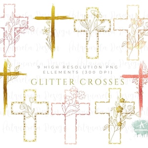 9 glitter kruis clipart-roségouden kruis png-gesneden kruis met bloemen - katholiek symbool sublimatie hoge resolutie png commercieel gebruik