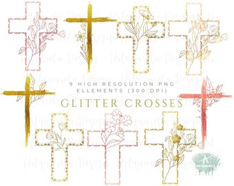 9 Glitter  Cross Clipart-Rose gold cross  png-Carved cross with flowers - Catholic symbol Sublimation High resolution png  Commercial Use