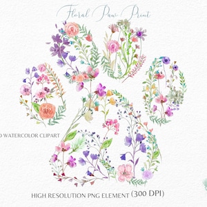 Huella de pata floral de acuarela Clipart- Huella de pata de perro PNG- Huella de pata de flores-Vector png- Huella de pata de cachorro pintada a mano en acuarela, uso comercial
