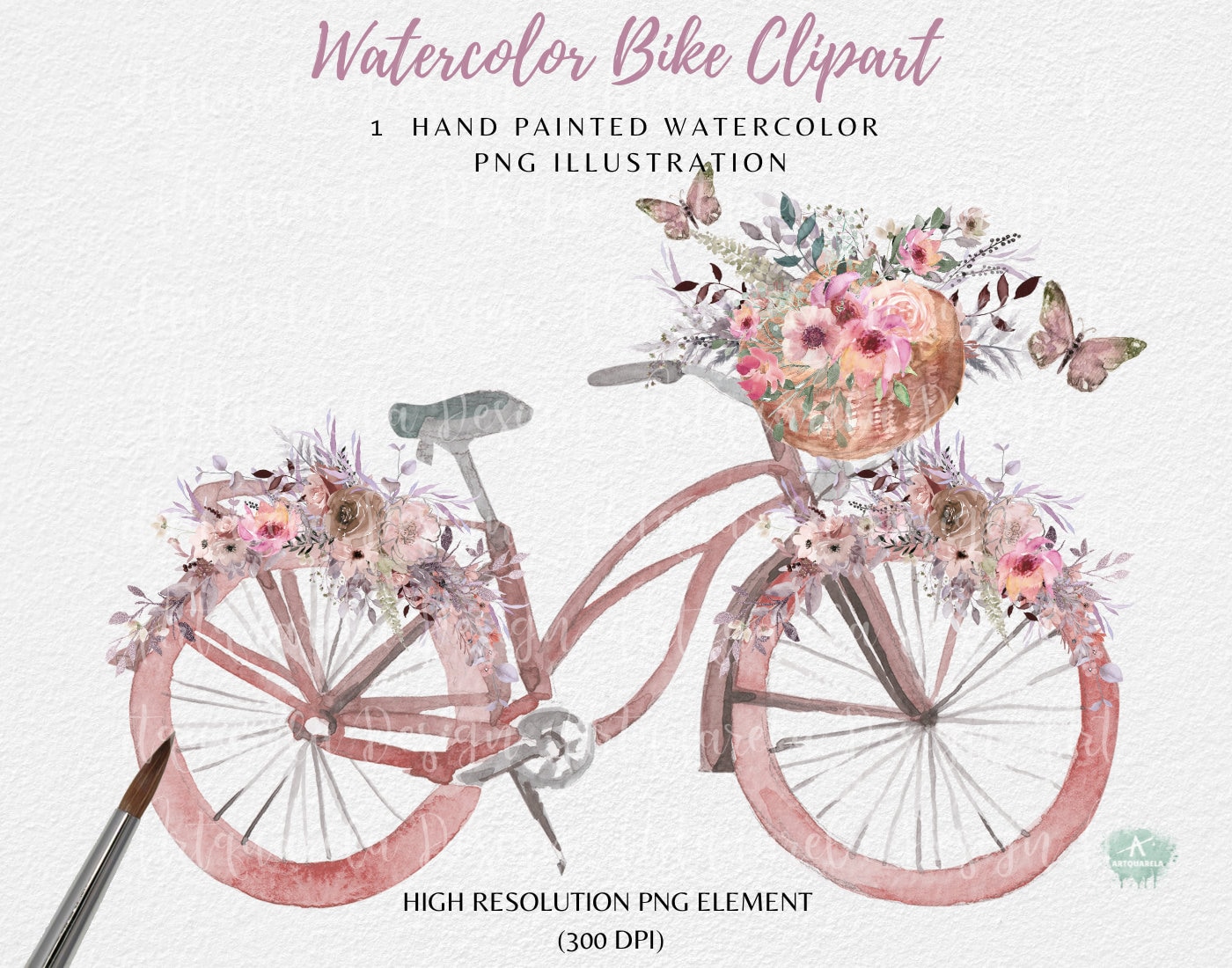 Watercolor Bike Clipart: Floral Basket, Butterfly Design (PNG)