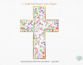 Watercolor & Gold  Foil Floral Cross Clipart, Baptism, Wildflowers cross PNG.Religious Wedding Clipart For invitations,Commercial Use