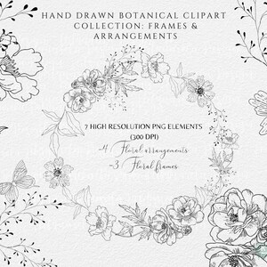 Molduras e arranjos florais digitais clipart, flor desenhada à mão em preto e branco PNG, convite de contorno botânico, sublimação, uso comercial