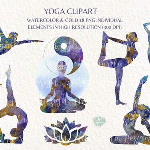 Yoga Clipart 18 Blu Acquerello e oro Pose yoga PNG Silhouettes Grafica yoga Sublimazione Yin Yang Fiore di loto Simbolo Om Uso commerciale
