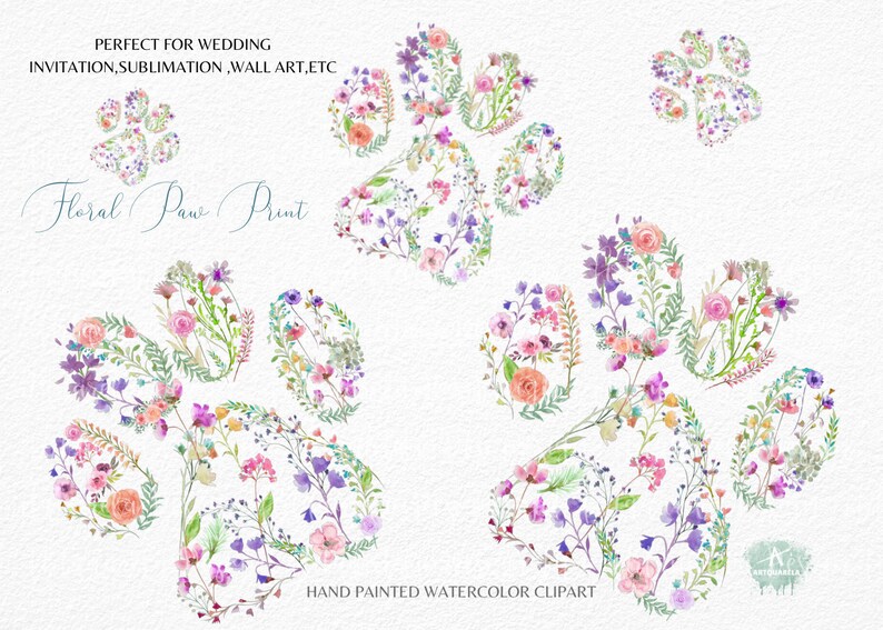 Watercolor Floral Paw Print Clipart Dog Paw Printflowers Cat Etsy