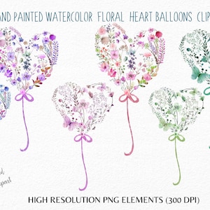 Watercolor Floral Heart Balloons Clipart: Hand-Painted PNG Vector (Digital Download)