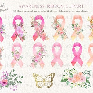 Set di clipart di nastri di sensibilizzazione ad acquerello, simbolo di sensibilizzazione sul cancro al seno Nastro floreale Sublimazione Alta risoluzione png Uso commerciale