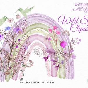 Glitter  and Watercolor Rainbow Clipart,Purple Gold Rainbow Wildlowers, Hummingbirds Boho style, Sublimation,Nursery  PNG Commercial Use