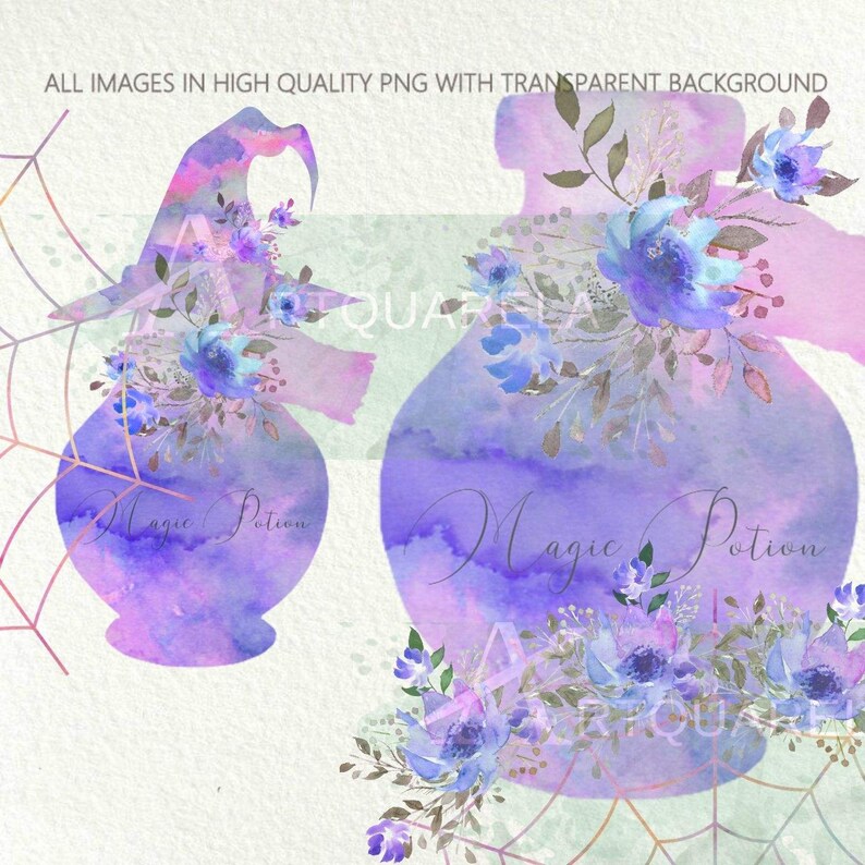 May include: Two watercolor illustrations of purple and blue potion bottles with floral accents and the text "Magic Potion".