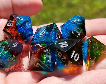 Rainbow Resin Dice Set: Sharp Edge Polyhedral, Cosmic Cloud Inclusions
