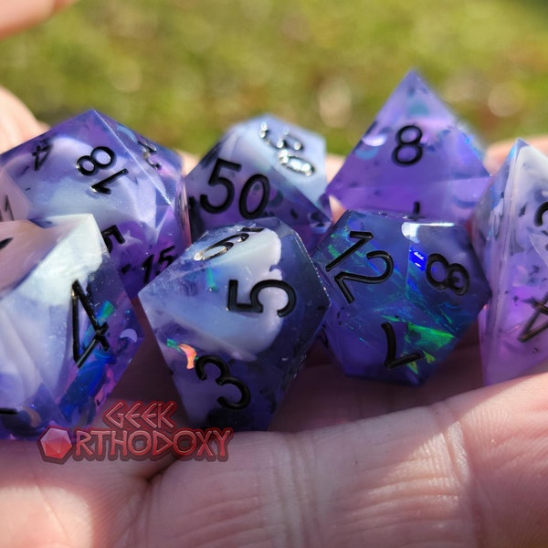 Sharp Edge Dice - Full Set with Inclusions - Purple Haze Polyhedral Dice Set